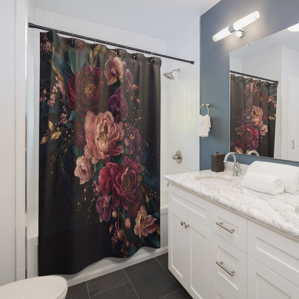 Midnight Peony and Orchid Shower Curtain