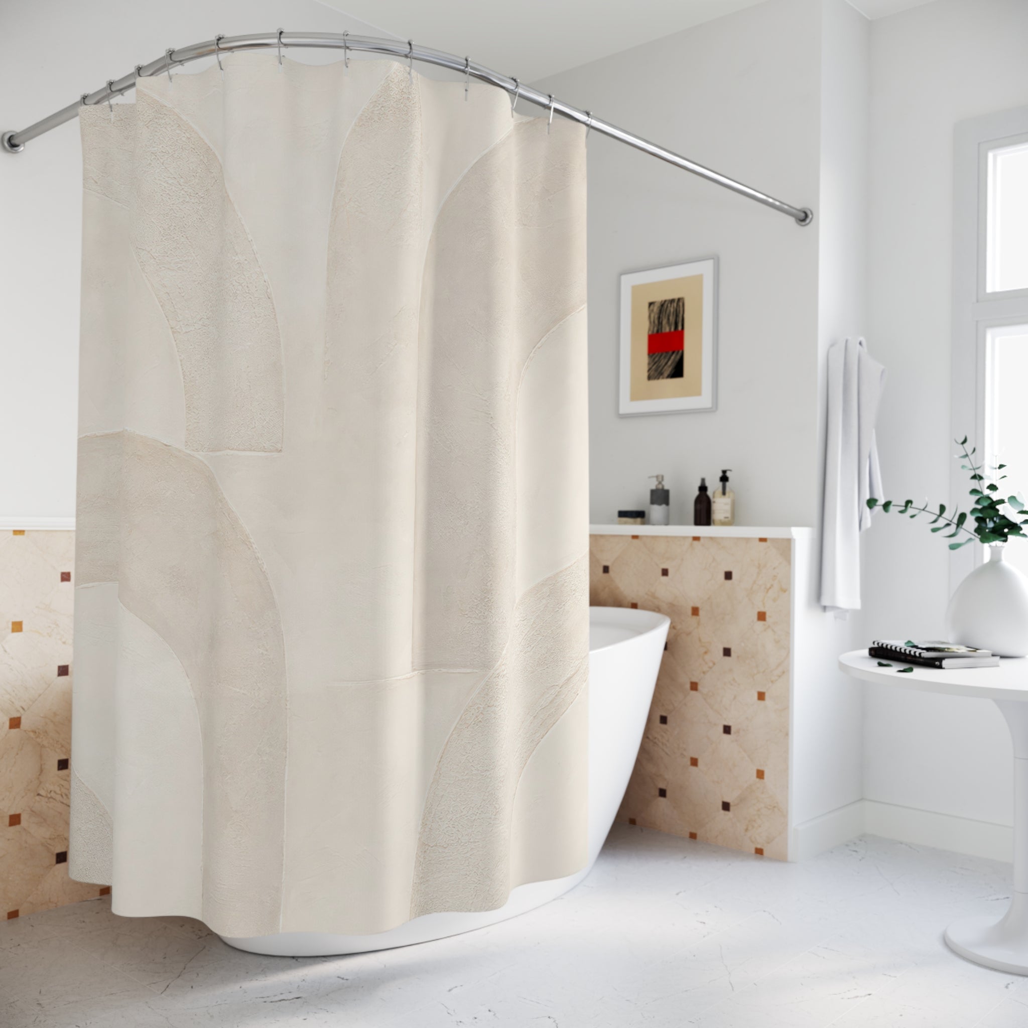 Geometric Shower Curtain, Cream Beige Bath Decor, Abstract Arch Pattern, Modern Neutral Guest Bathroom Decor, Soft Modern Minimal Style