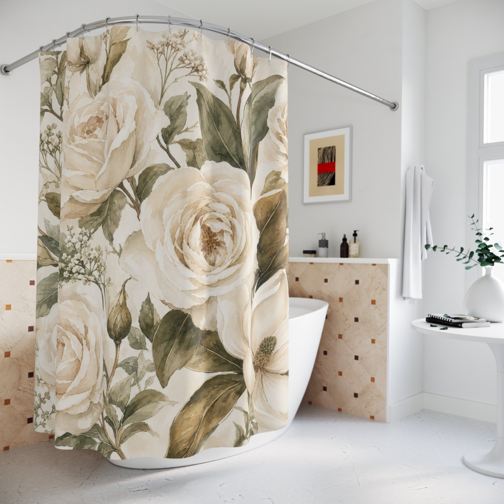 Cream White Floral Botanical Shower Curtain