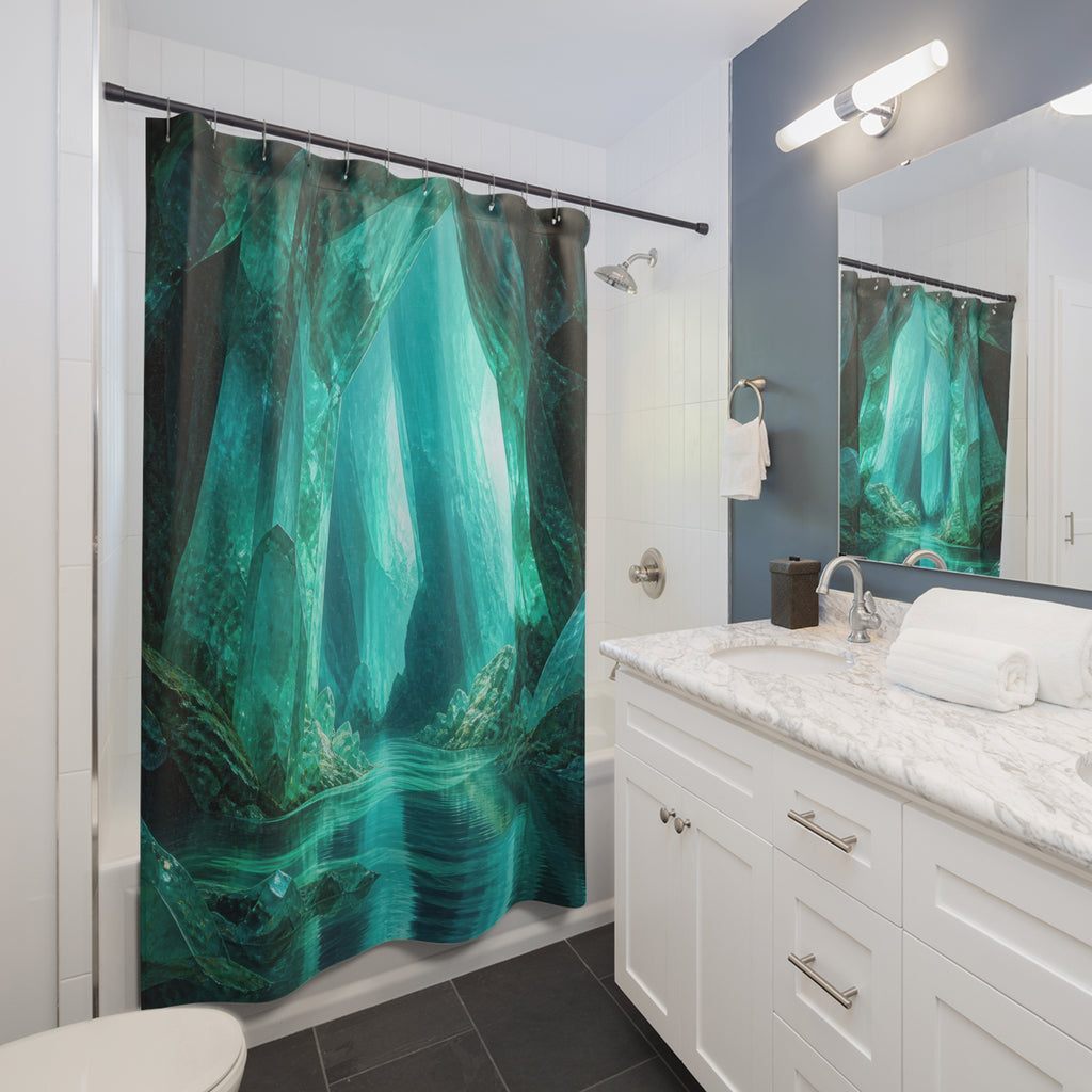 Luminous turquoise crystal grotto surrounding a quiet aqua pool shower curtain beside a white vanity
