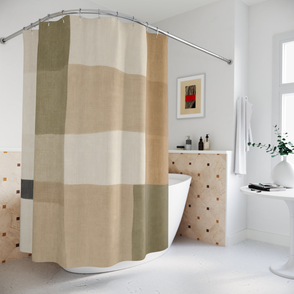 Checkered Shower Curtain, Sage Tan Soft Block Pattern, Green Beige Bathroom Decor, Modern Neutral Guest Bath Soft Farmhouse Style