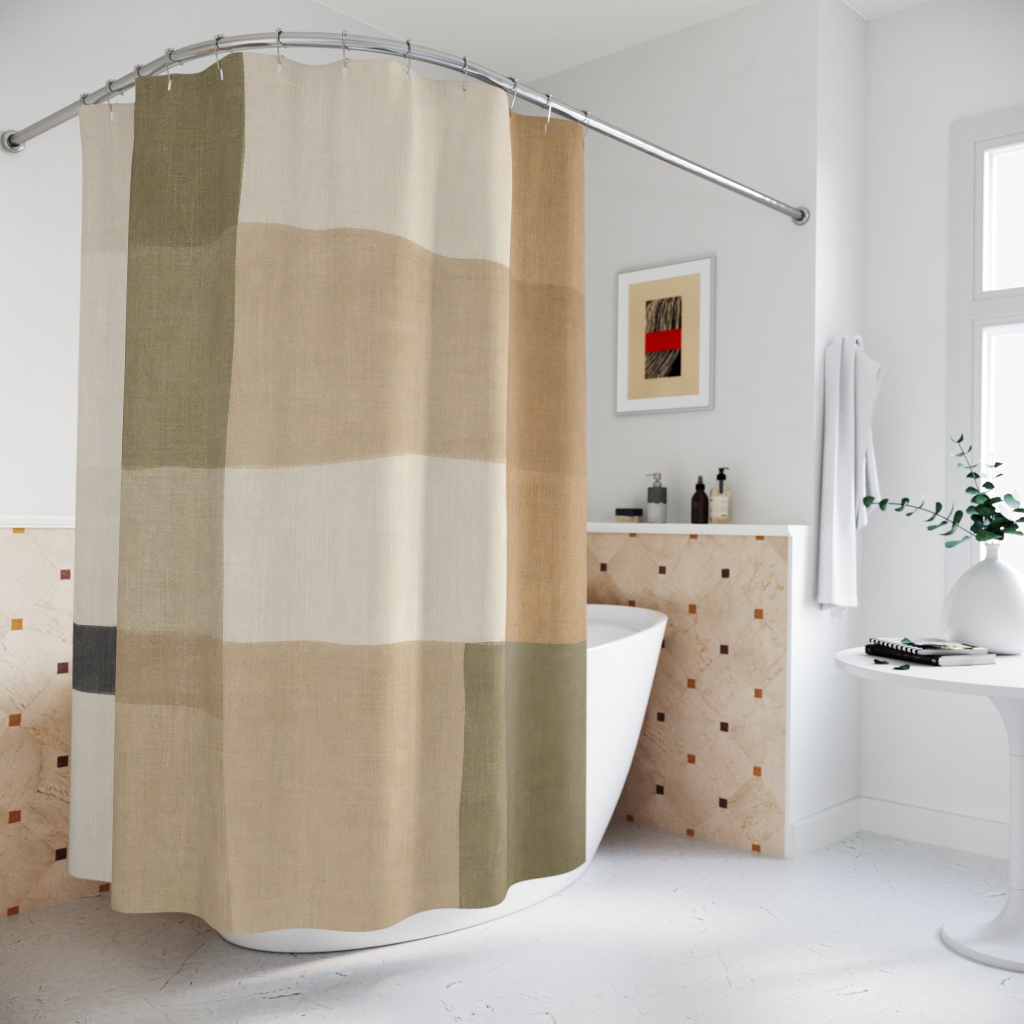 Checkered Shower Curtain, Sage Tan Soft Block Pattern, Green Beige Bathroom Decor, Modern Neutral Guest Bath Soft Farmhouse Style