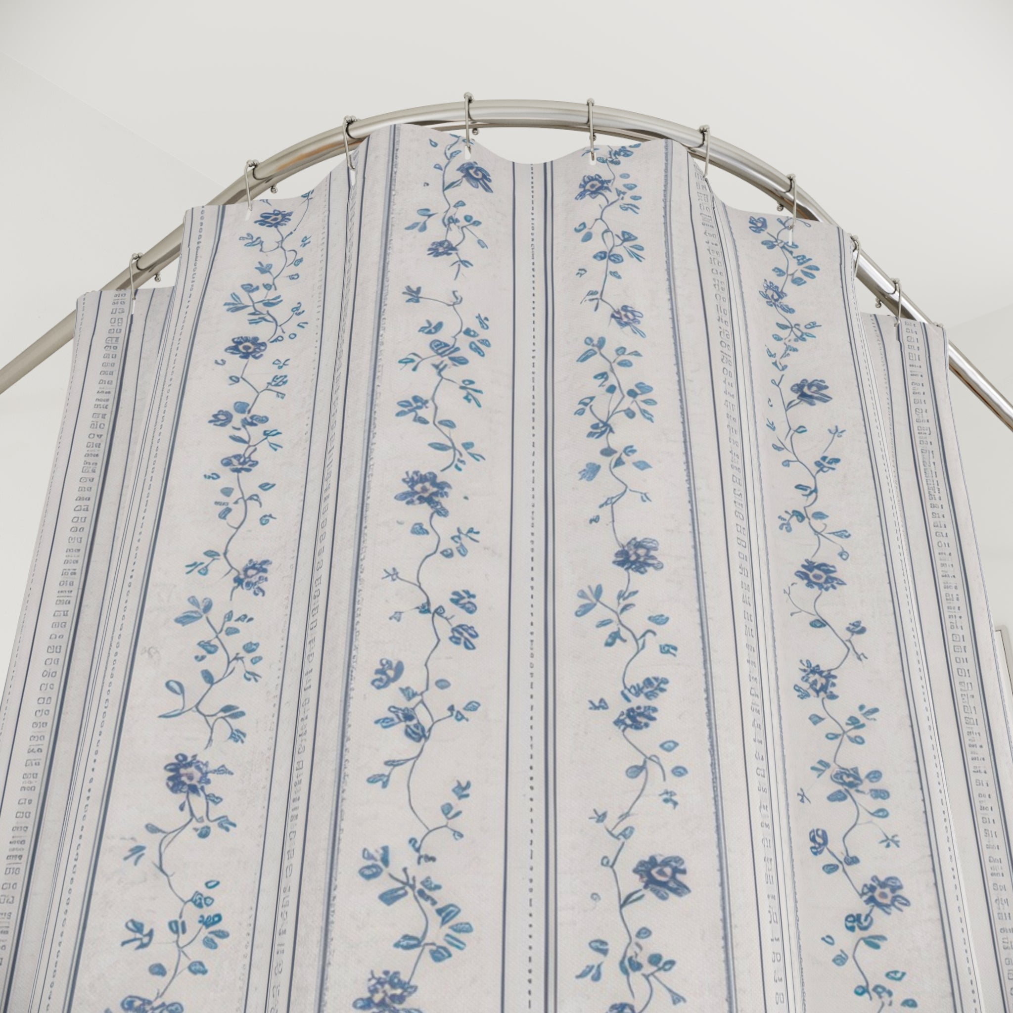 Blue and White French Country Floral Stripe Shower Curtain