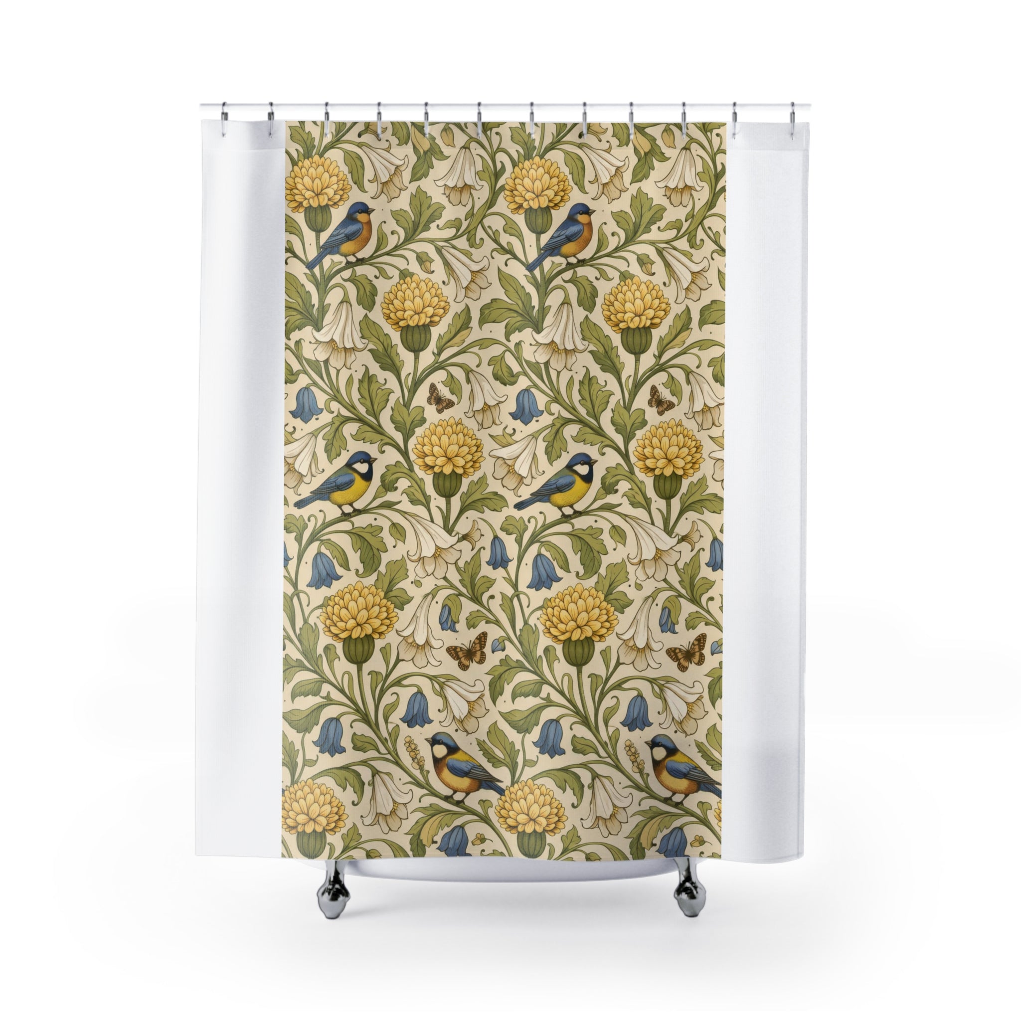 William Morris Floral Shower Curtain – Green Gold Bird