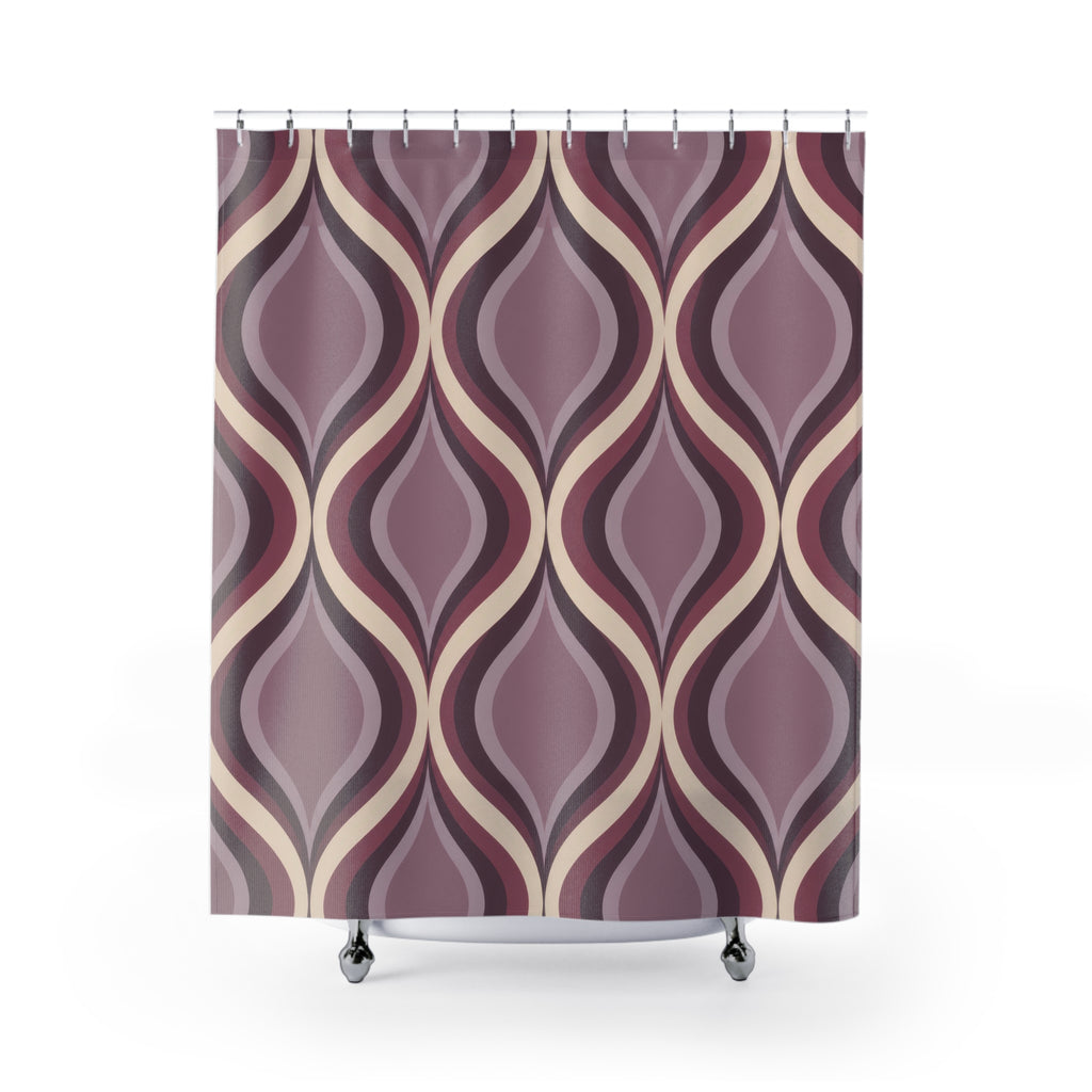Mauve nested ogee ribbon pattern in plum and lilac shower curtain with full front view