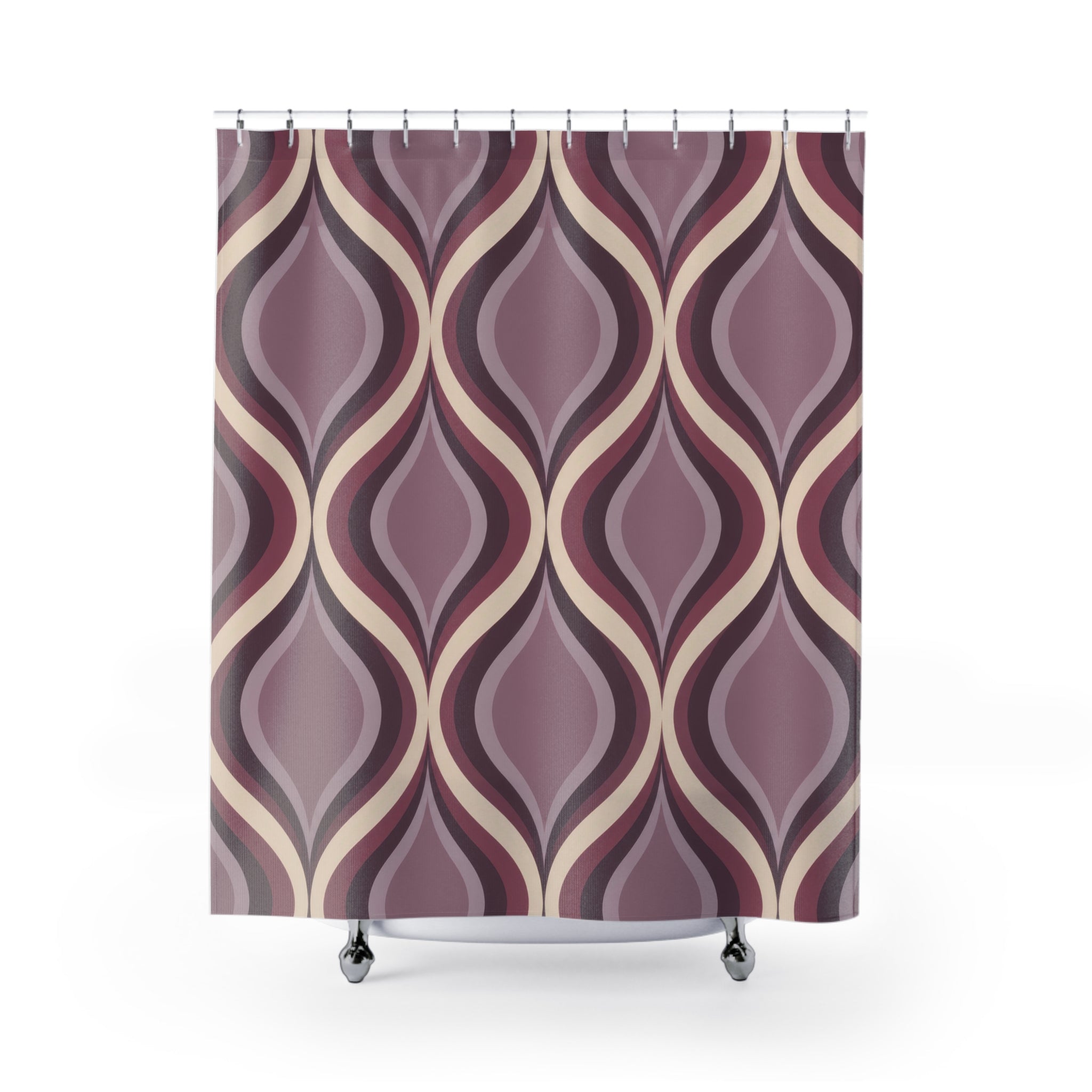 Mauve nested ogee ribbon pattern in plum and lilac shower curtain with full front view
