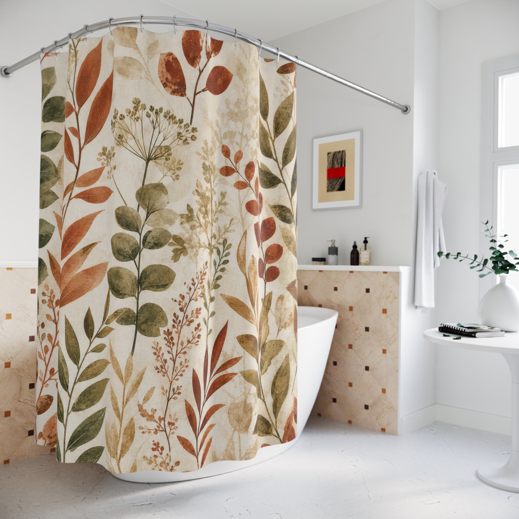 Rust Green Leafy Stem Botanical Shower Curtain