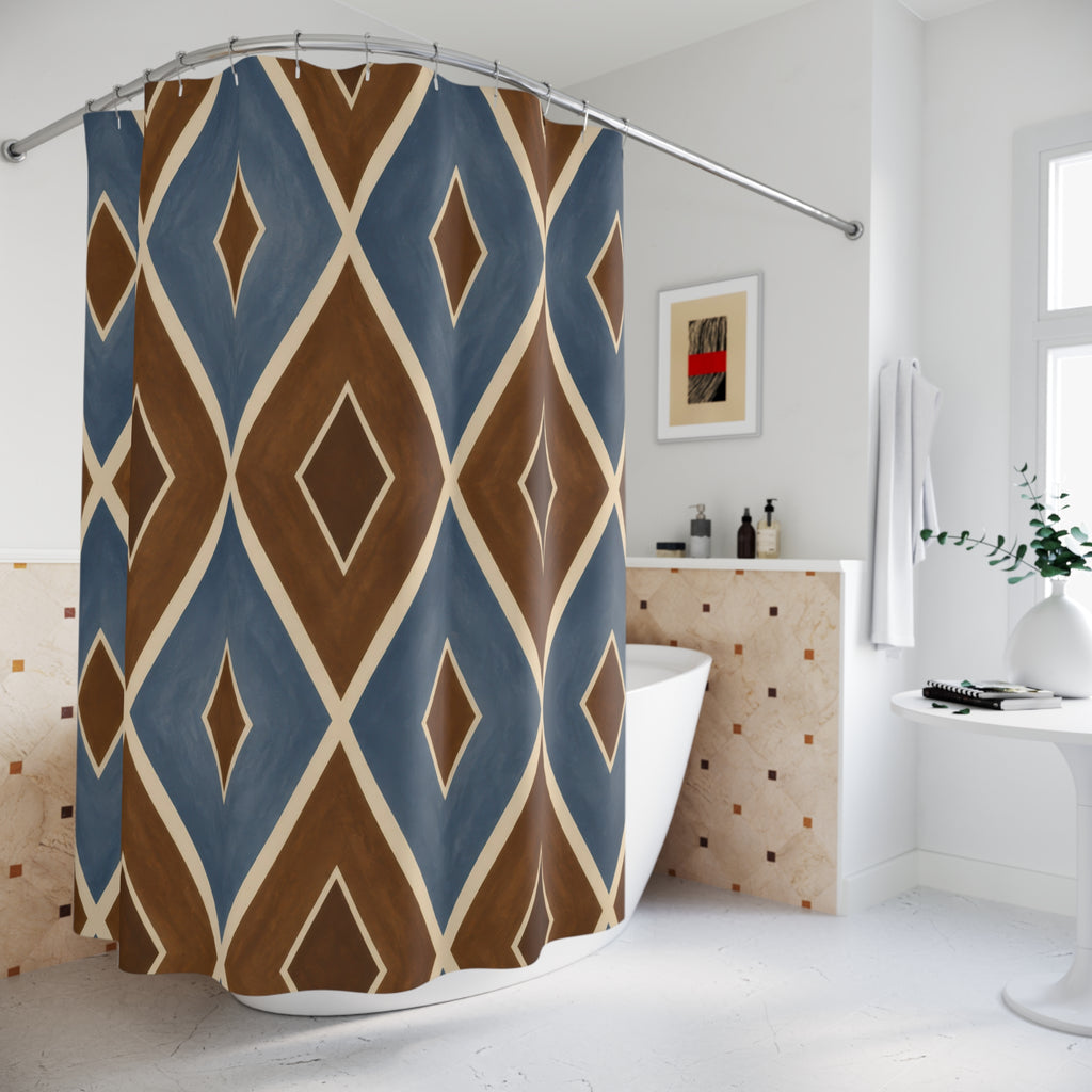 Blue and brown diamond lattice with ivory lines shower curtain beside a freestanding tub
