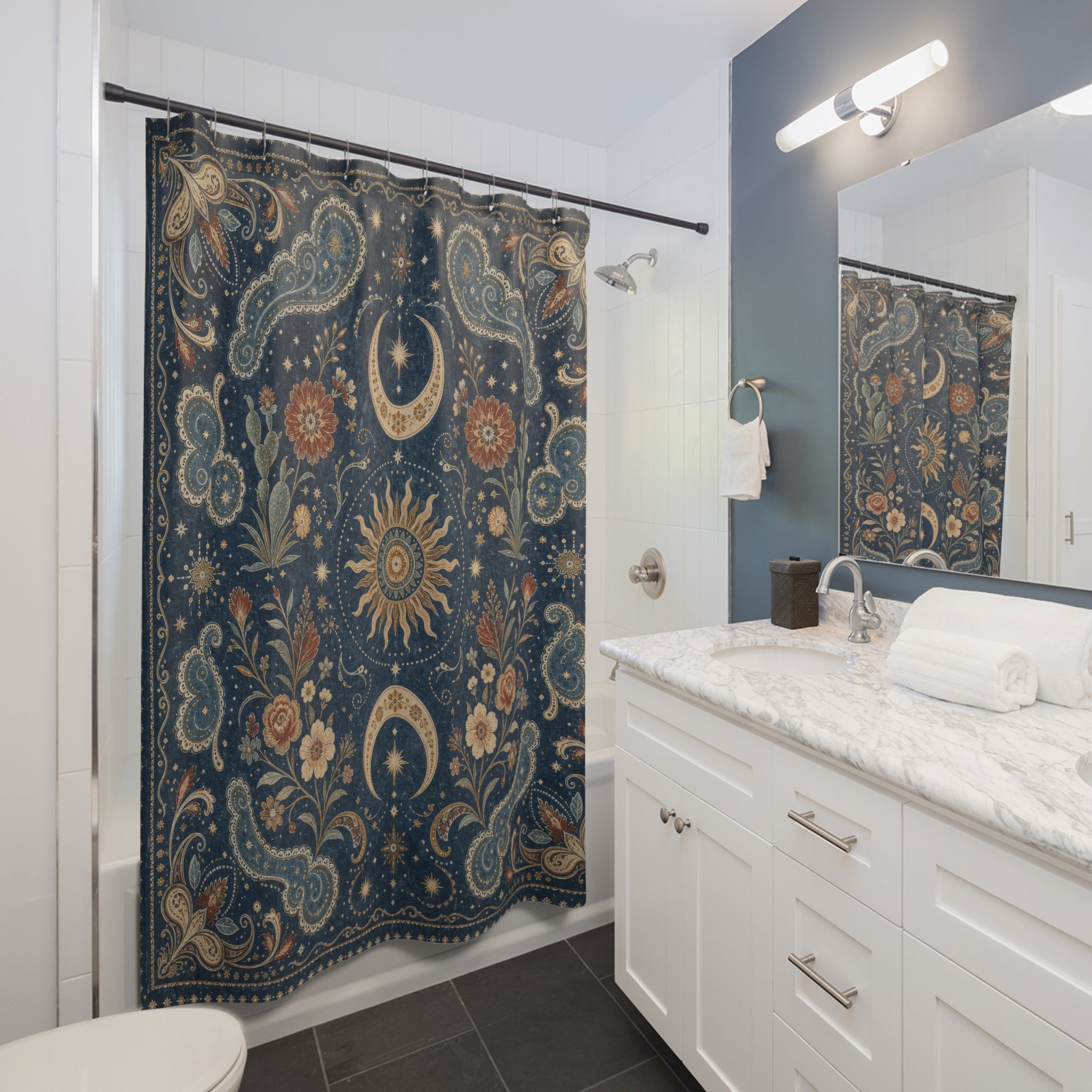 Blue Gold Celestial Paisley Shower Curtain
