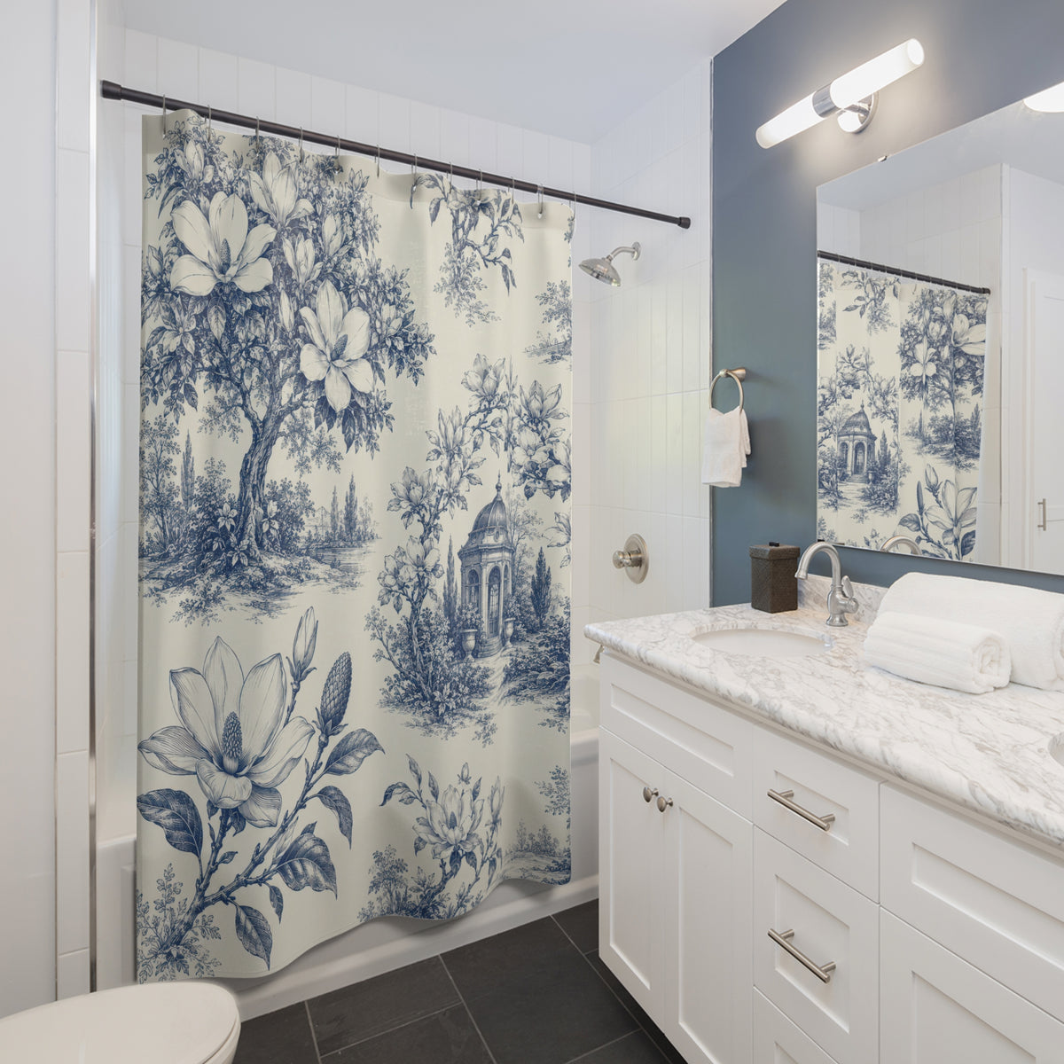 Blue and ivory magnolia garden toile with pavilion shower curtain beside a white vanity