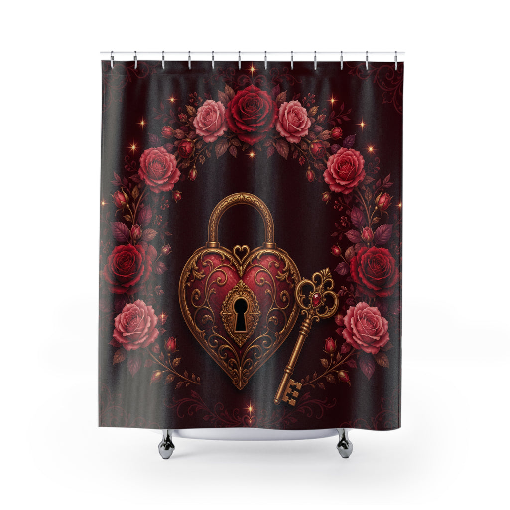 Ornate heart lock and golden key beneath rose arch shower curtain with full front view