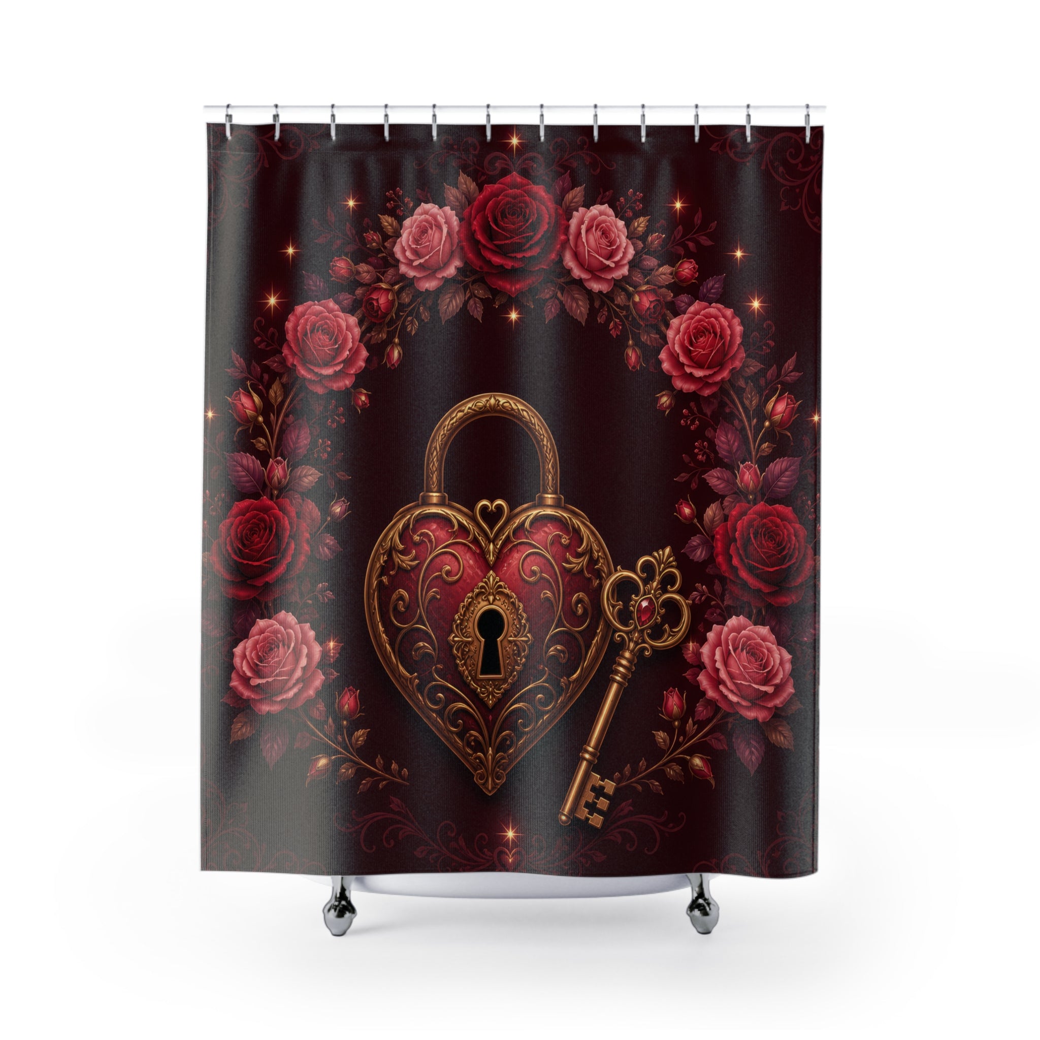 Ornate heart lock and golden key beneath rose arch shower curtain with full front view