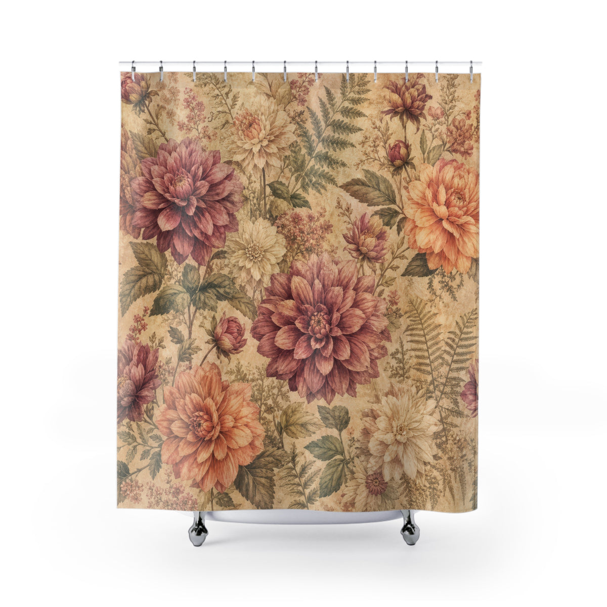 Vintage Dahlia Chrysanthemum pink floral shower curtain with full front view