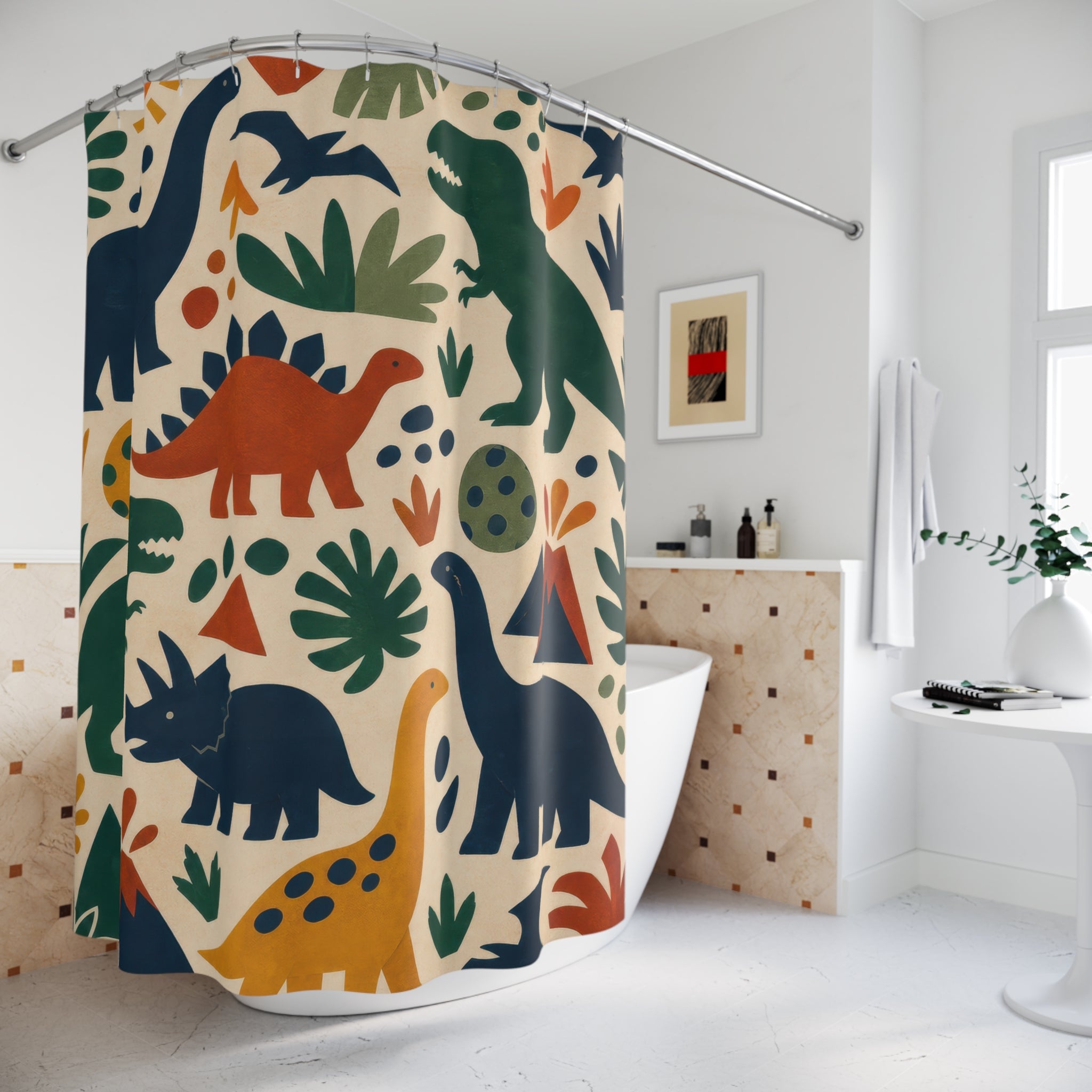 Folk Dinosaur Shower Curtain, Teal Kids Bathroom Decor, Dinosaur Bath Curtain, Boys Bathroom Decor, Volcano Pattern, Bath Decor, Guest Bath