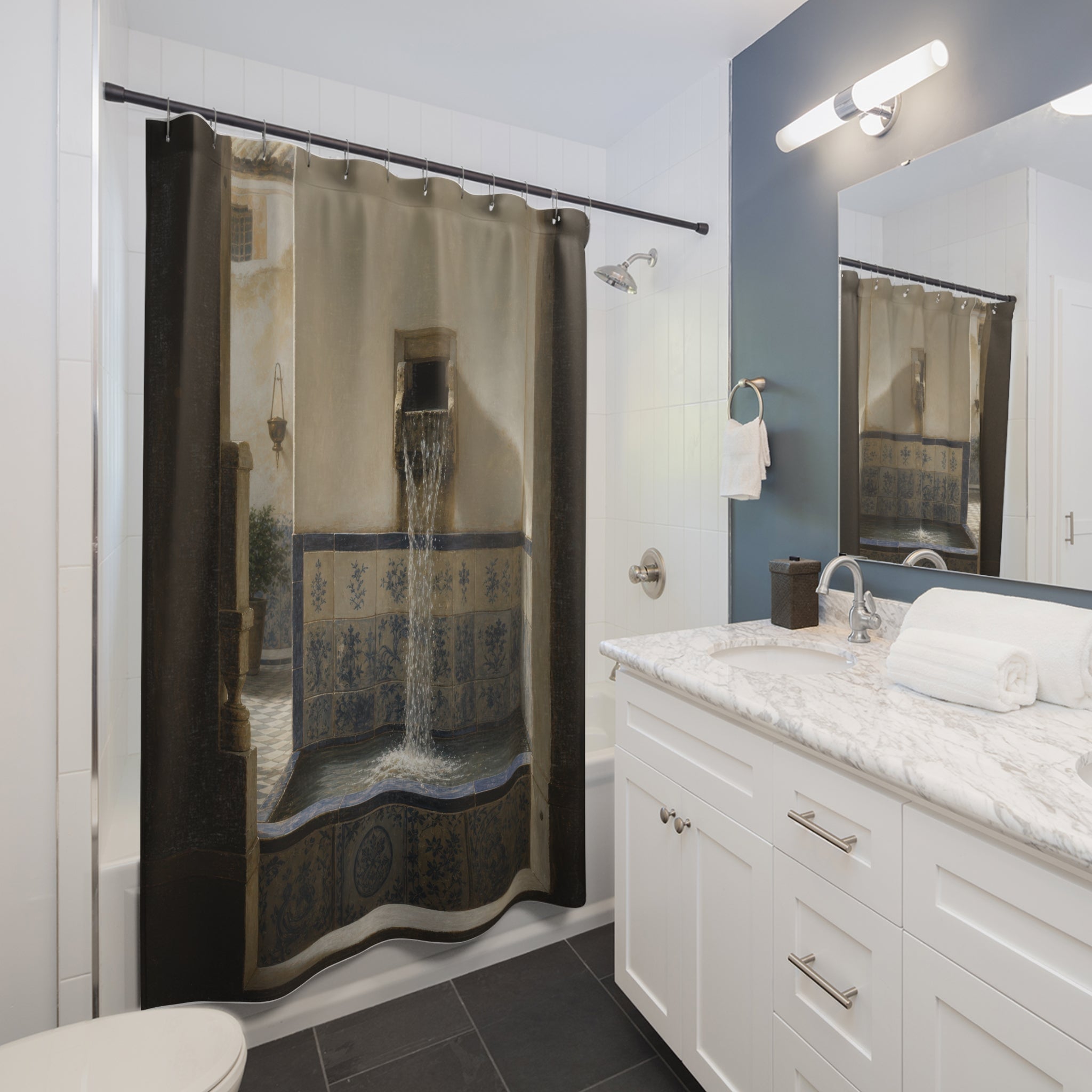 Blue Tile Water Feature Print Shower Curtain