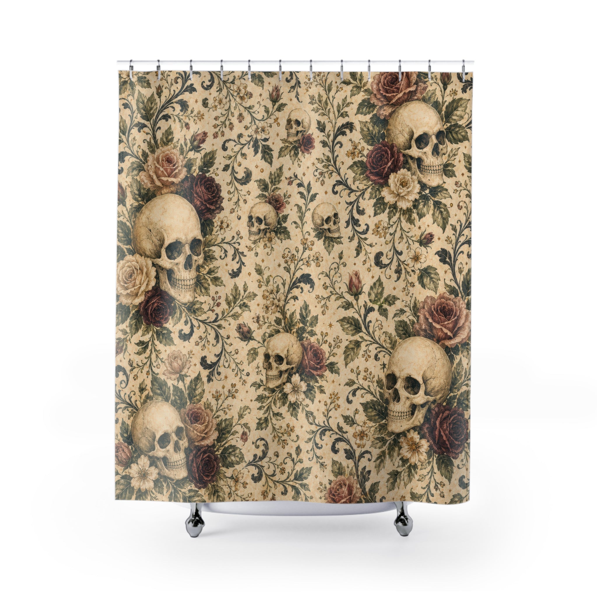 Skull Rose Gothic Floral Cottage Cottagecore Beige Black Shower Curtain