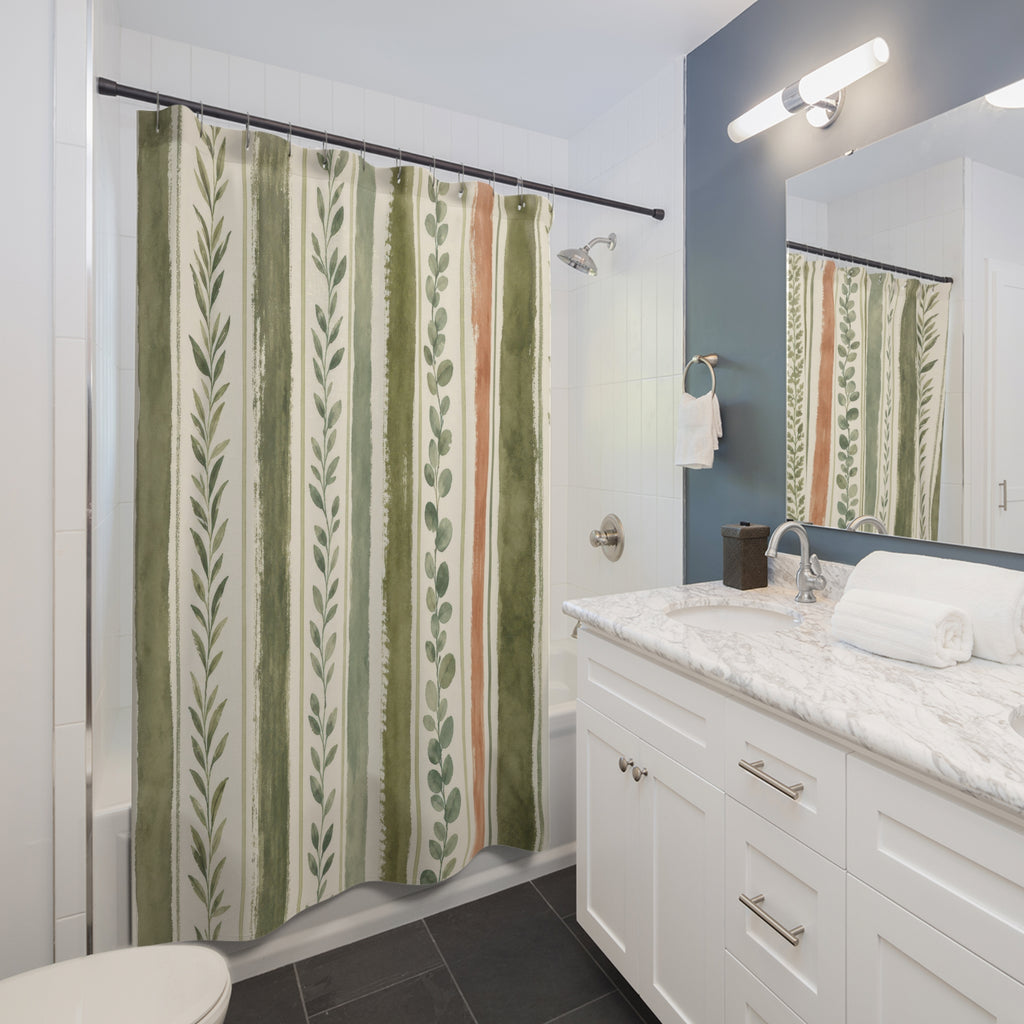 Sage Green Leaf Stripe Shower Curtain
