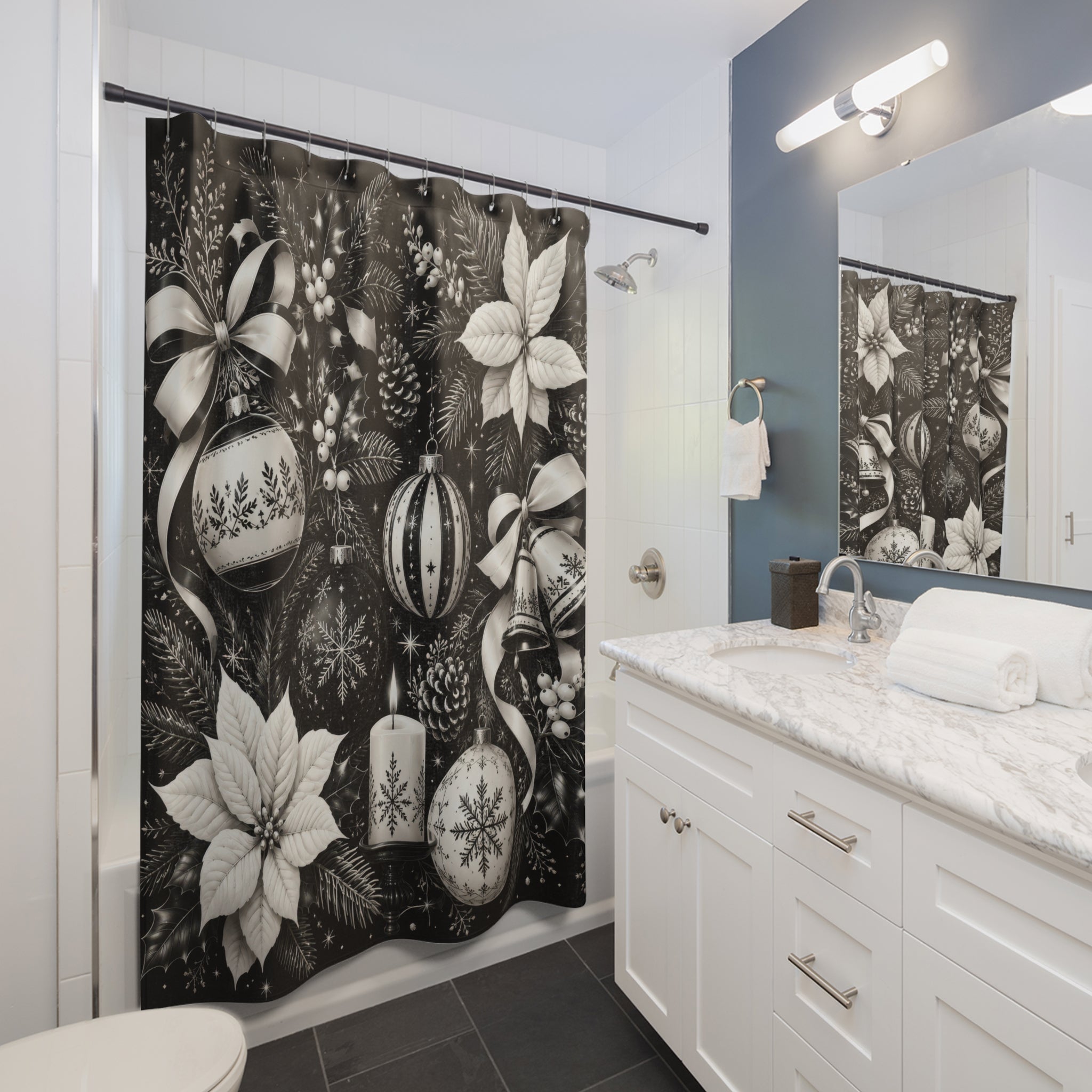 Black and White Christmas Shower Curtain: Holiday Botanical