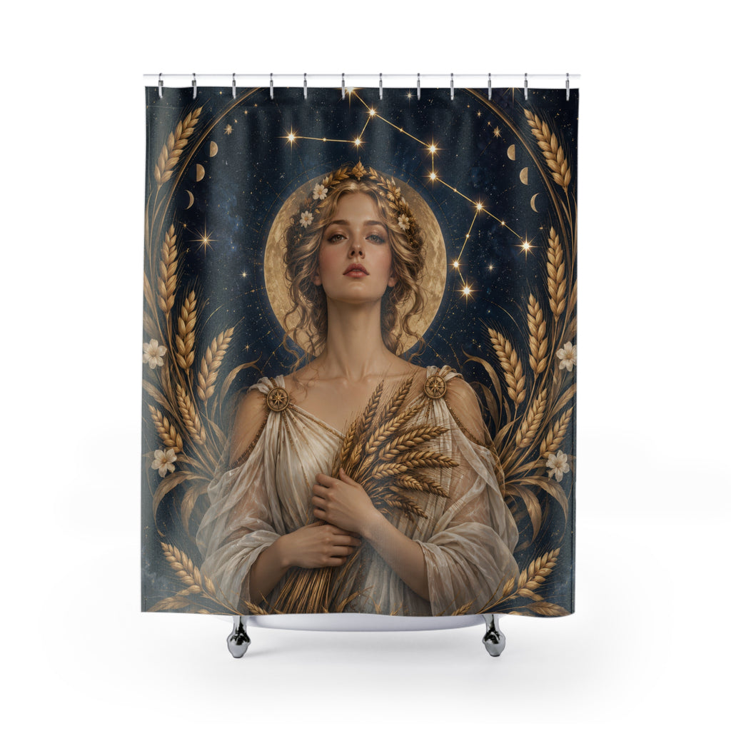 Virgo maiden with a golden wheat wreath shower curtain with full front view