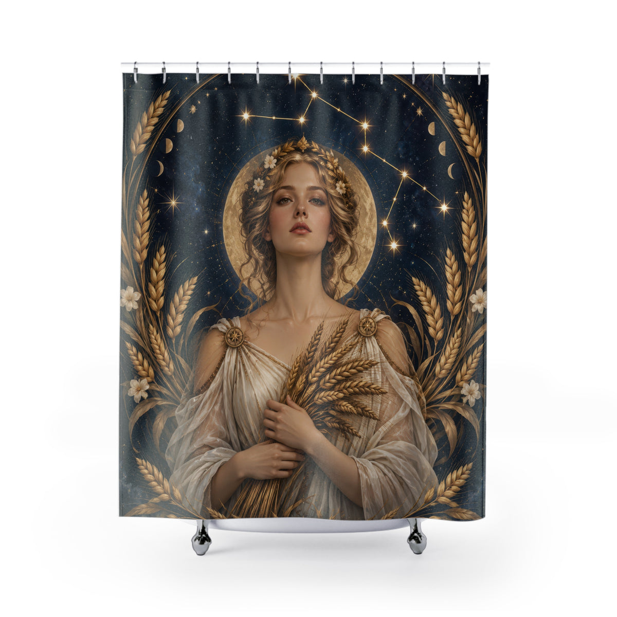 Virgo maiden with a golden wheat wreath shower curtain with full front view