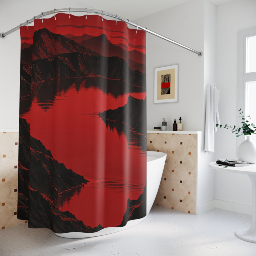 Black mountain ridges around a crimson lake and red sky shower curtain beside a freestanding tub