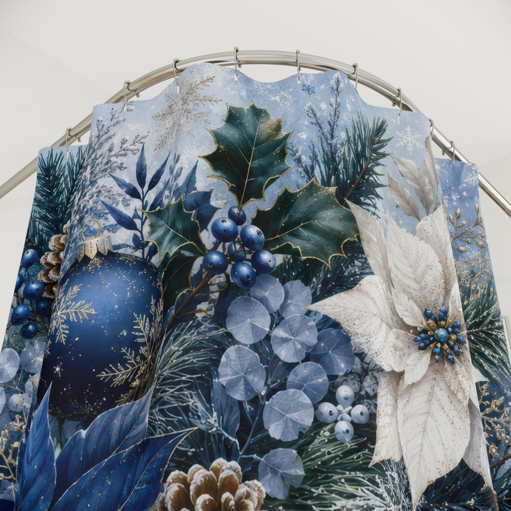 Winter Christmas Shower Curtain: Blue White Floral Holiday