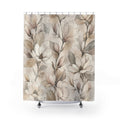 Neutral beige blush magnolia botanical line art shower curtain with full front view