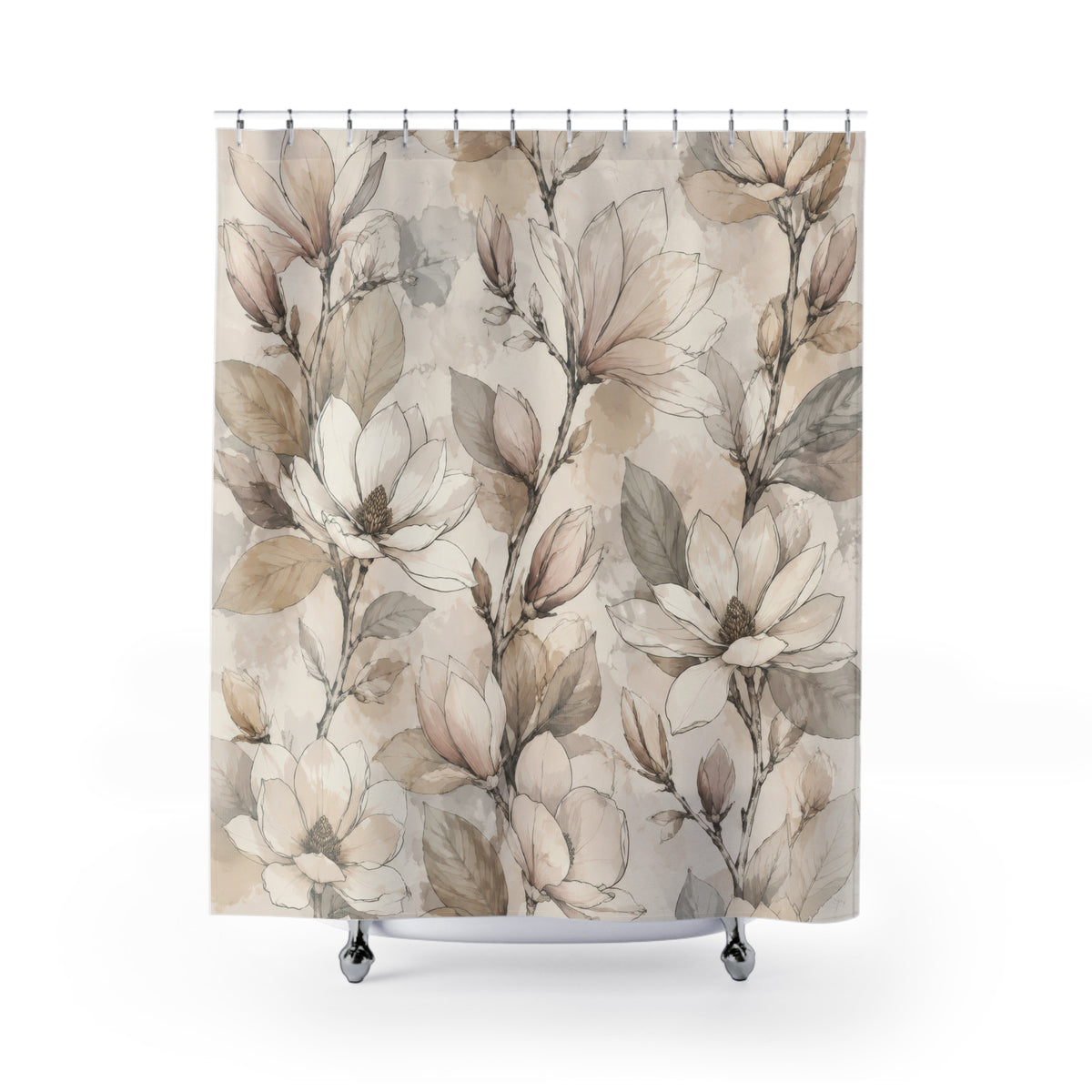 Neutral beige blush magnolia botanical line art shower curtain with full front view