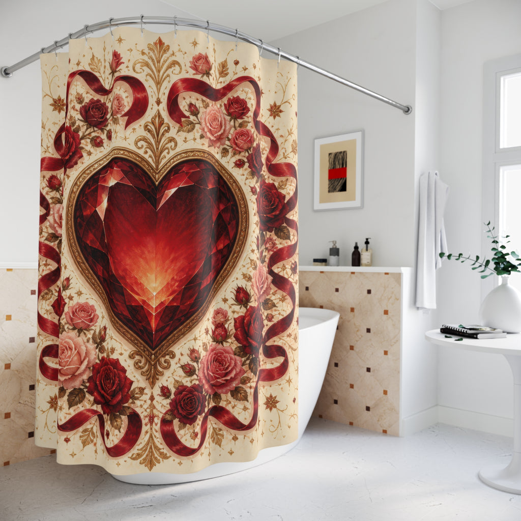 Ruby heart medallion framed by red and blush roses shower curtain beside a freestanding tub