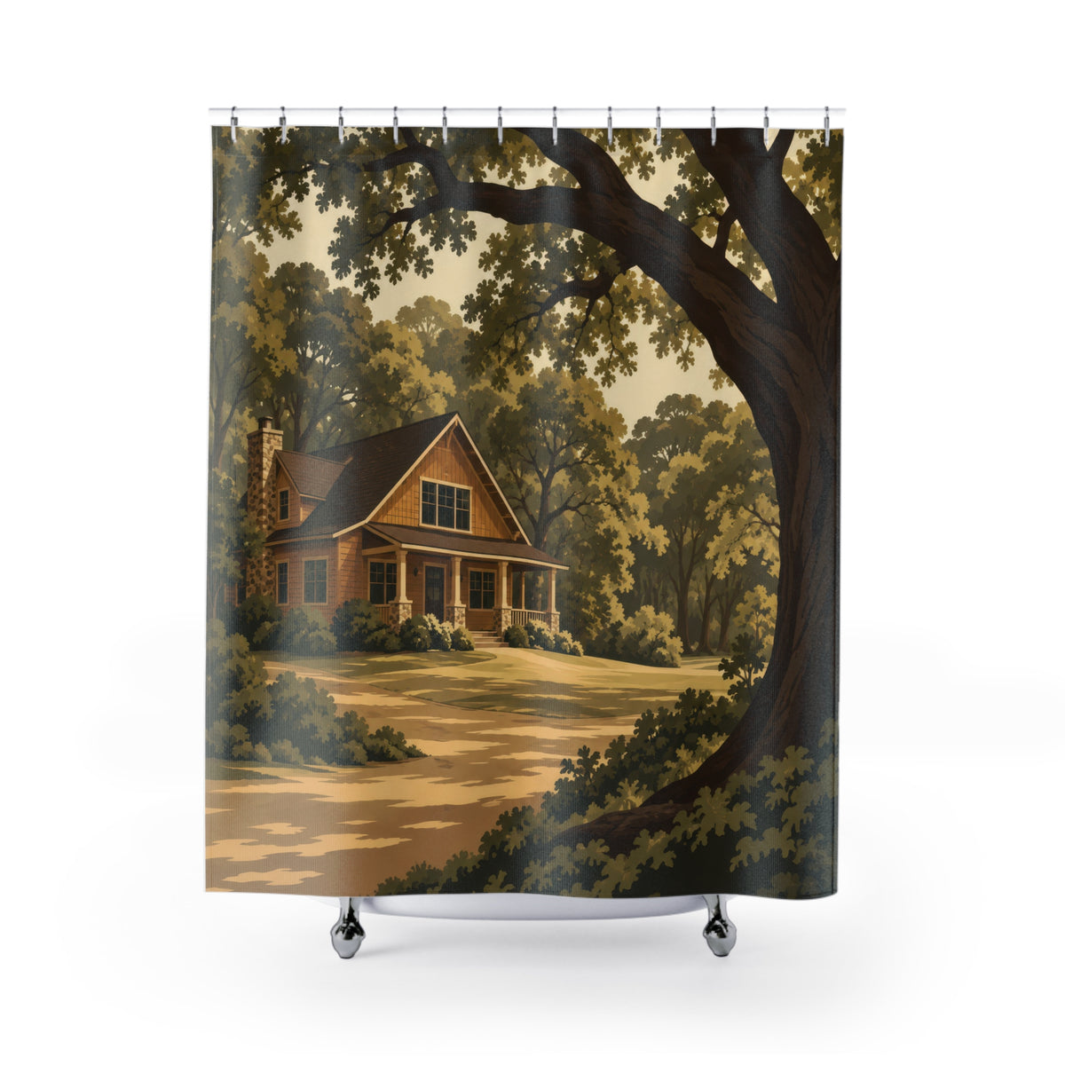 Ochre cabin under an olive oak canopy shower curtain with full front view