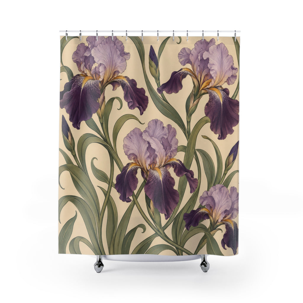 Lavender and plum irises with curling sage leaves on cream shower curtain with full front view