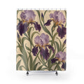 Lavender and plum irises with curling sage leaves on cream shower curtain with full front view