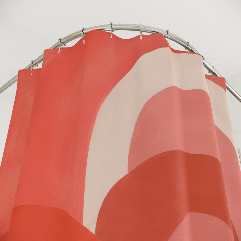 Overlapping coral rainbow arches with a plum accent shower curtain with close-up print, hooks, and folds