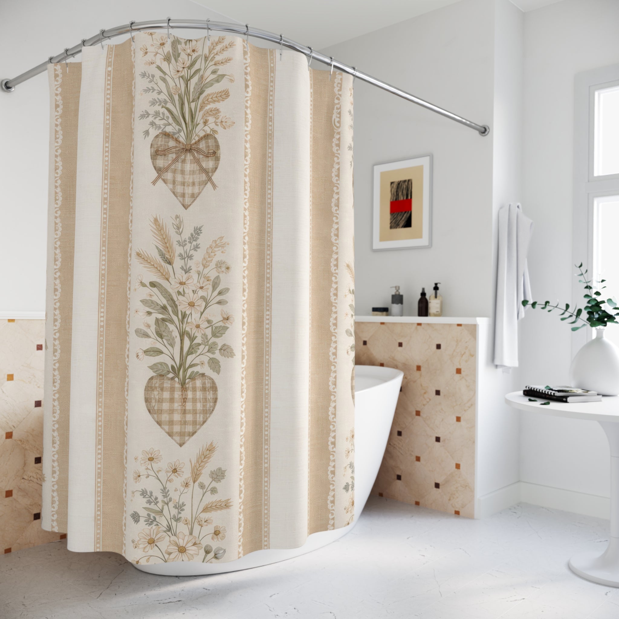 Farmhouse Floral Shower Curtain – Beige Gingham