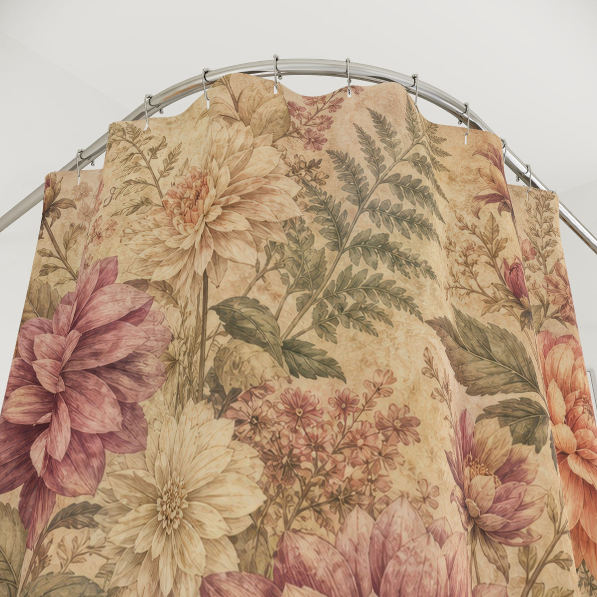Vintage Dahlia Chrysanthemum pink floral shower curtain with close-up print, hooks, and folds