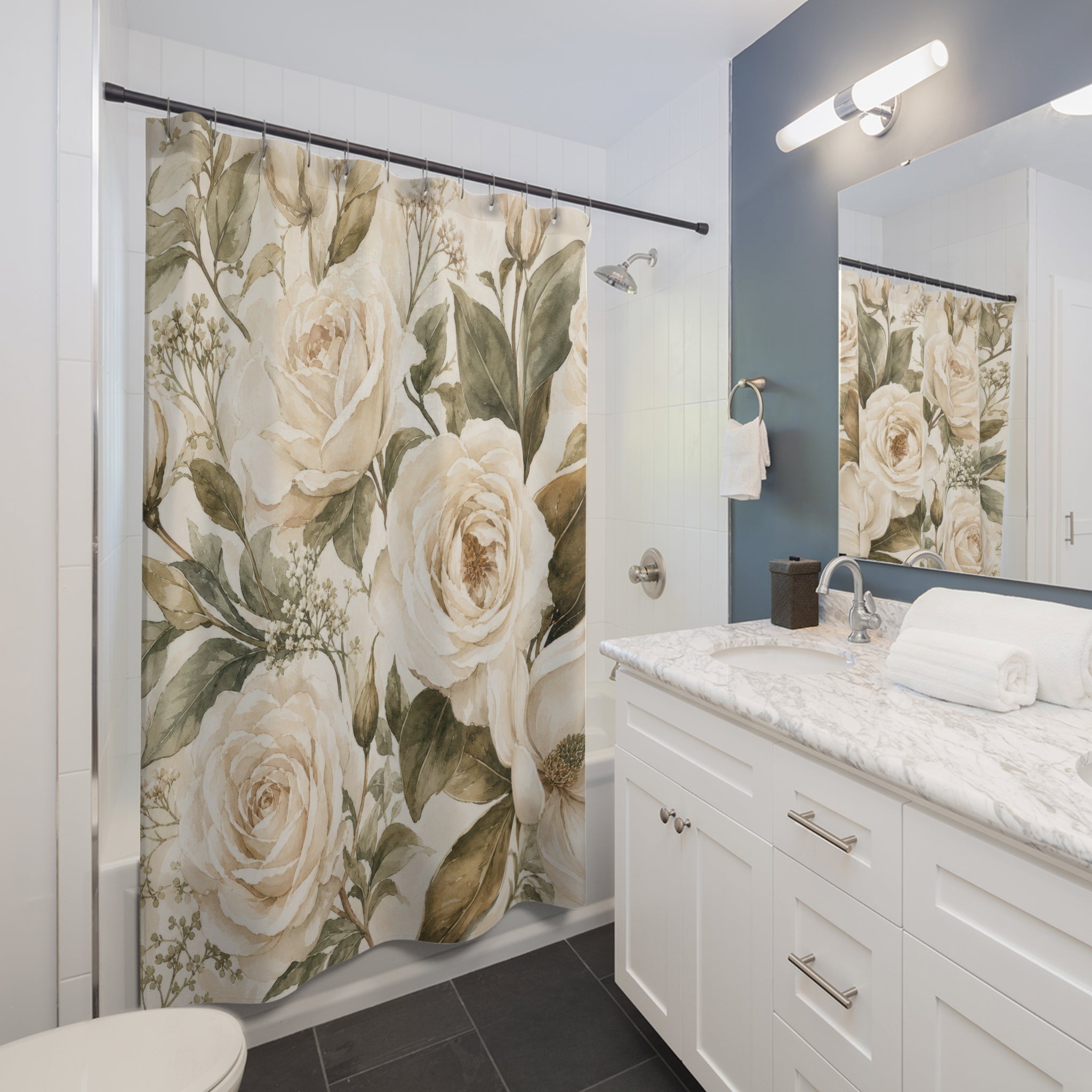 Cream White Floral Botanical Shower Curtain