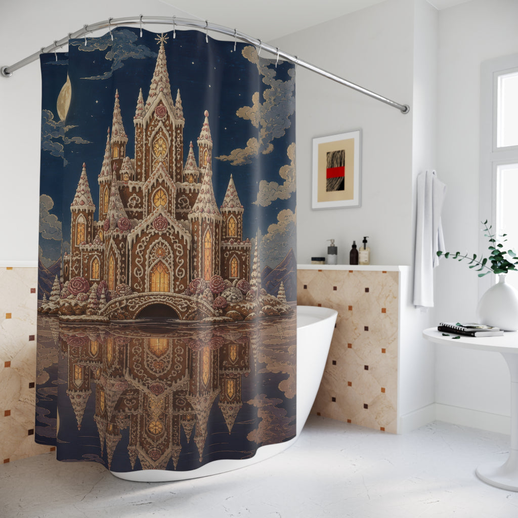 Moonlit gingerbread castle reflected in a cocoa lake shower curtain beside a freestanding tub