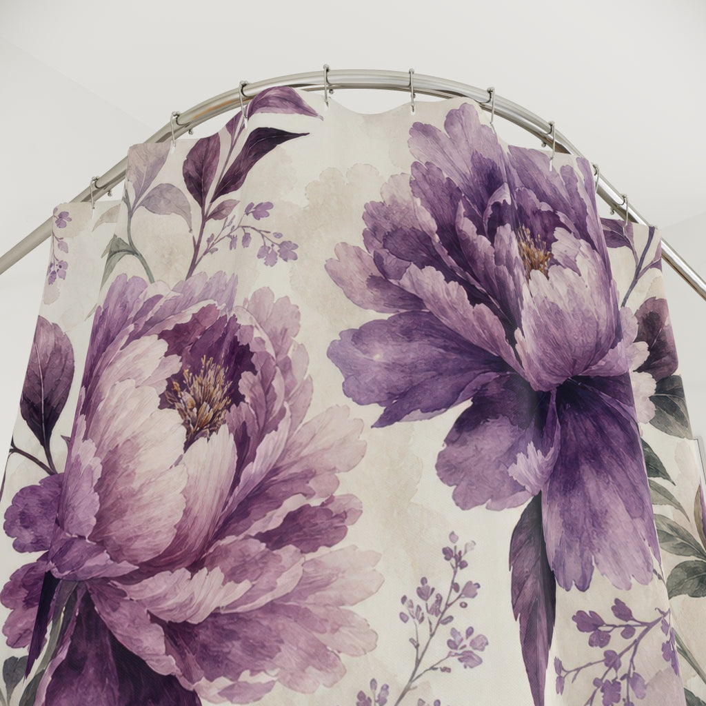 Dark Plum Flower purple floral shower curtain with close-up print, hooks, and folds