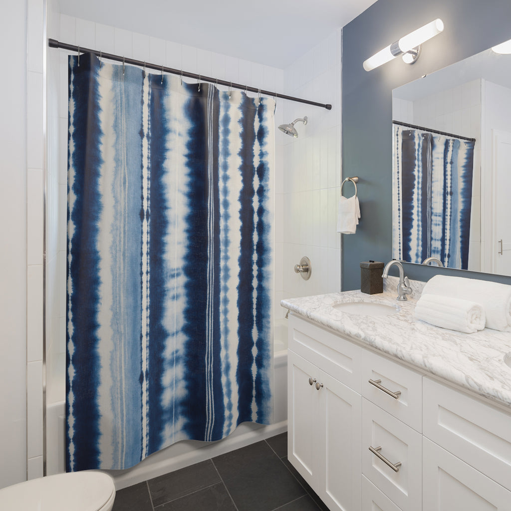 Navy White Tie Dye Look Vertical Stripe Shower Curtain