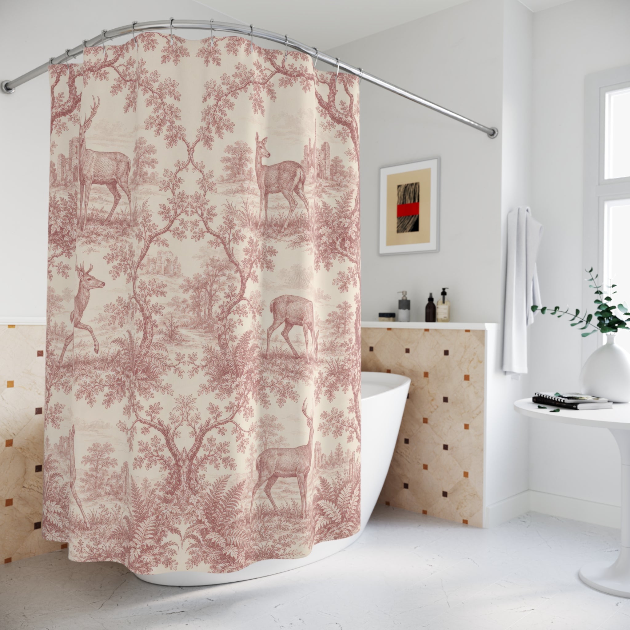Dusty Rose Deer Toile Shower Curtain
