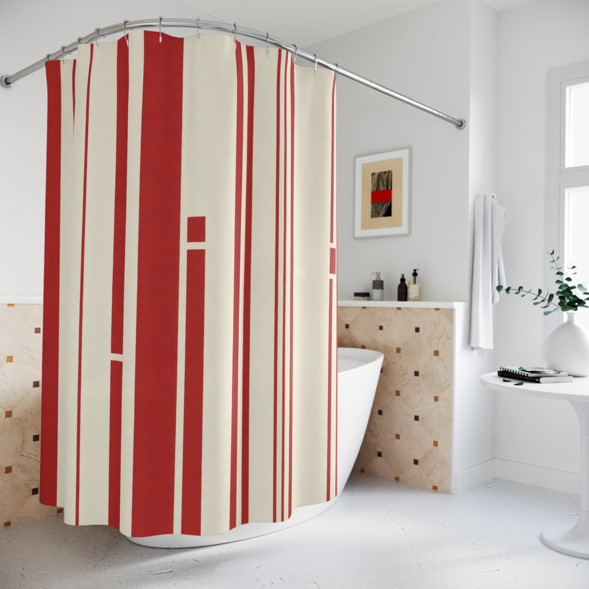 Red and White Bauhaus Stripe Shower Curtain: Modern Geometric