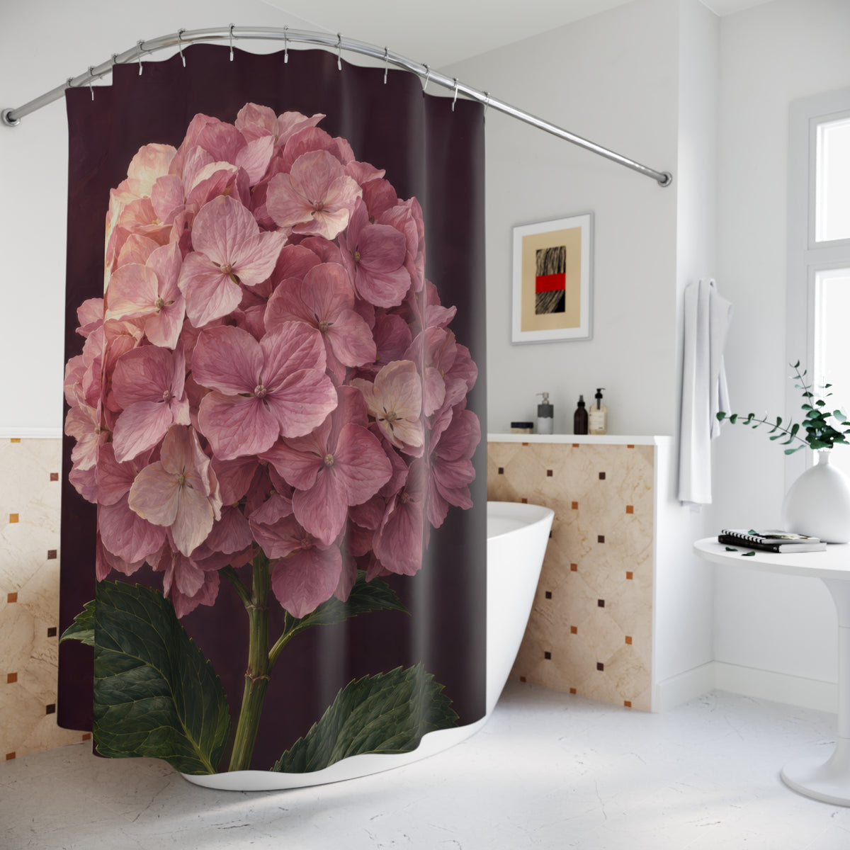 One pink hydrangea bloom with green leaves on aubergine shower curtain beside a freestanding tub