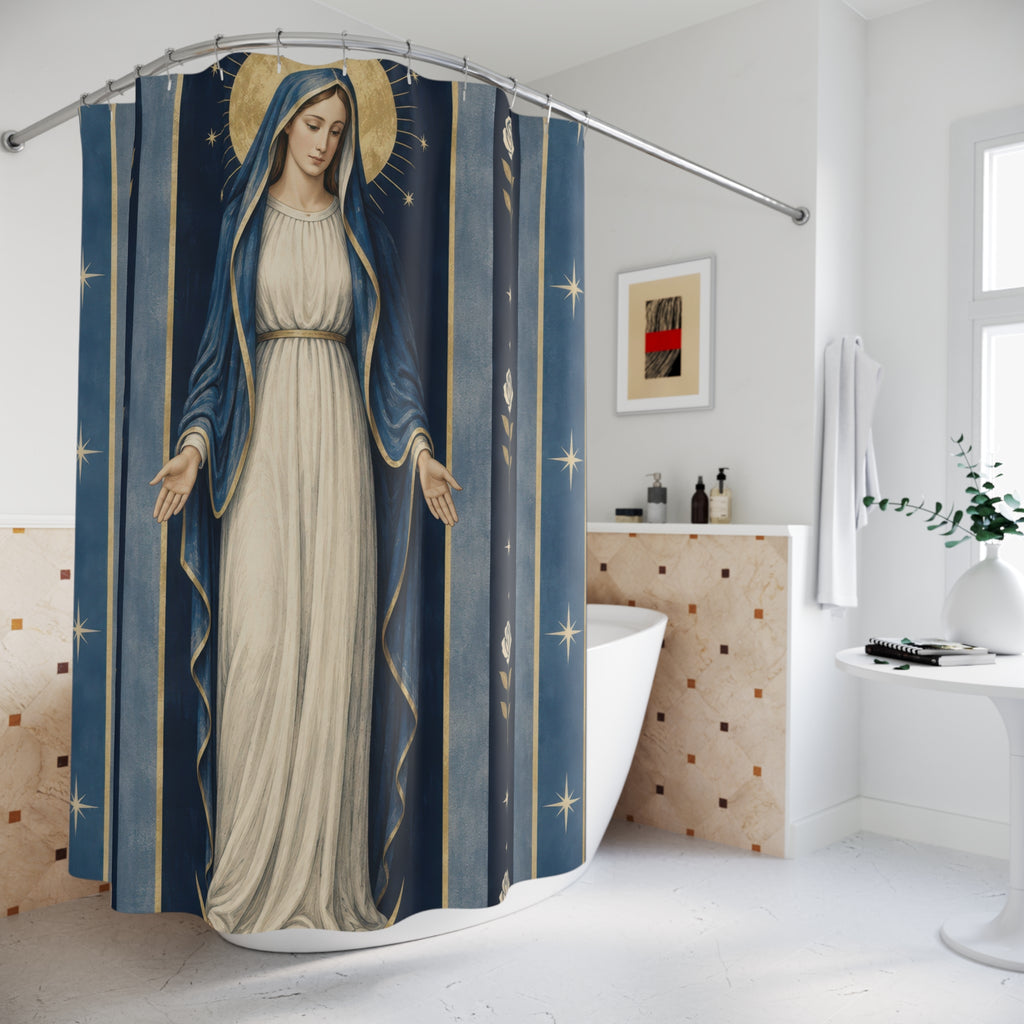 Virgin Mary with indigo stripes and ivory roses shower curtain beside a freestanding tub