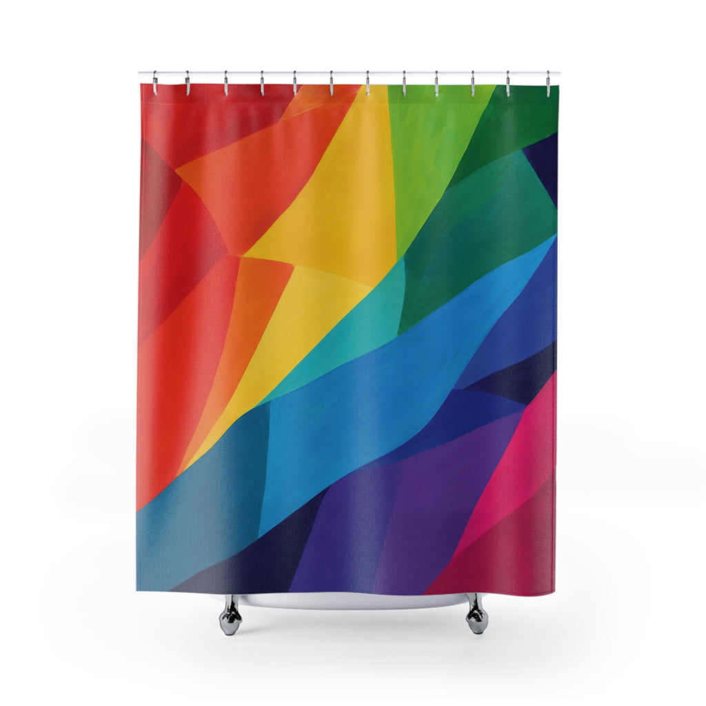 Sweeping rainbow color blocks with deep blue accents shower curtain with full front view