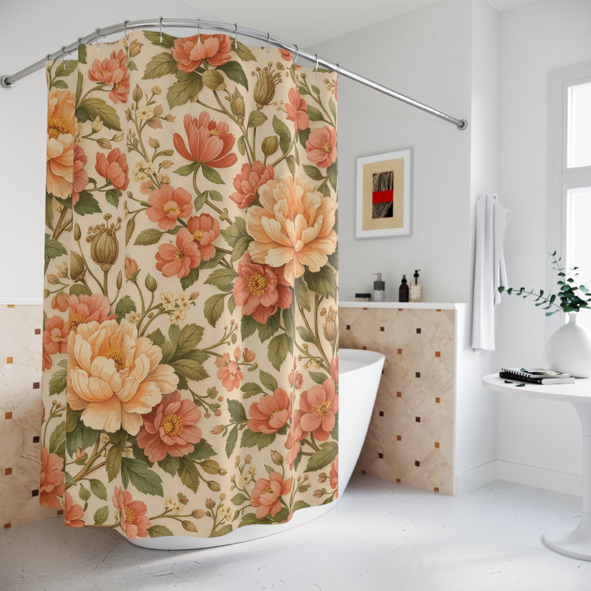 Orange Floral Shower Curtain – Apricot Peony Garden