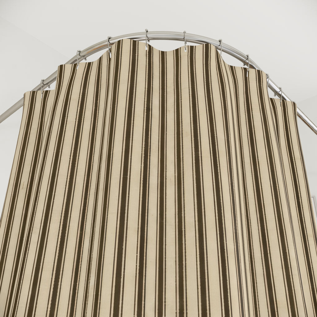 Ticking Stripe Shower Curtain, Beige Brown Farmhouse Bath Decor, Dense Cream Vertical Stripe Pattern, Classic Guest Bathroom Style