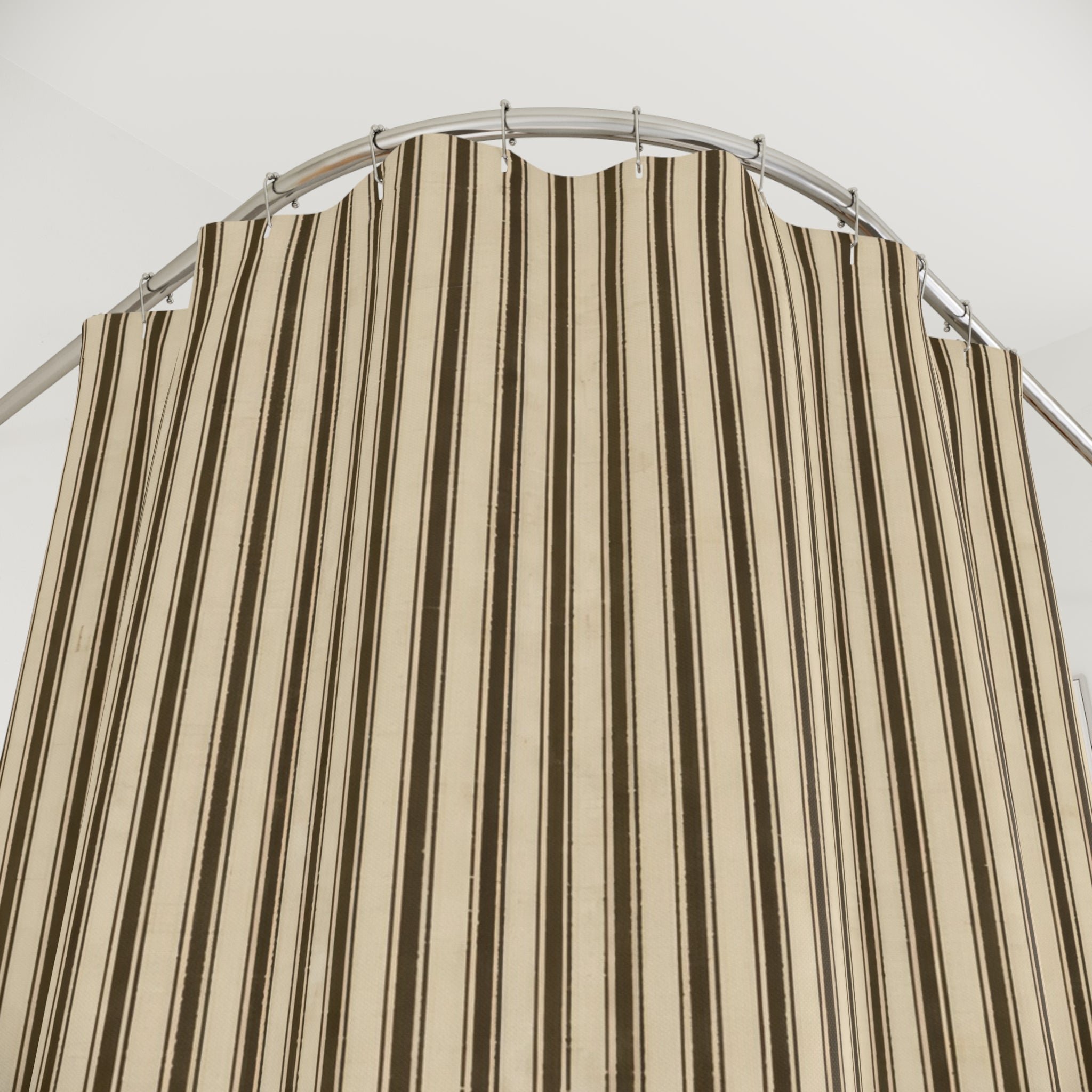 Ticking Stripe Shower Curtain, Beige Brown Farmhouse Bath Decor, Dense Cream Vertical Stripe Pattern, Classic Guest Bathroom Style