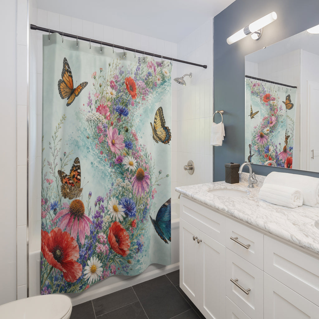 Watercolor wild flower sweep with poppies and butterflies shower curtain beside a white vanity