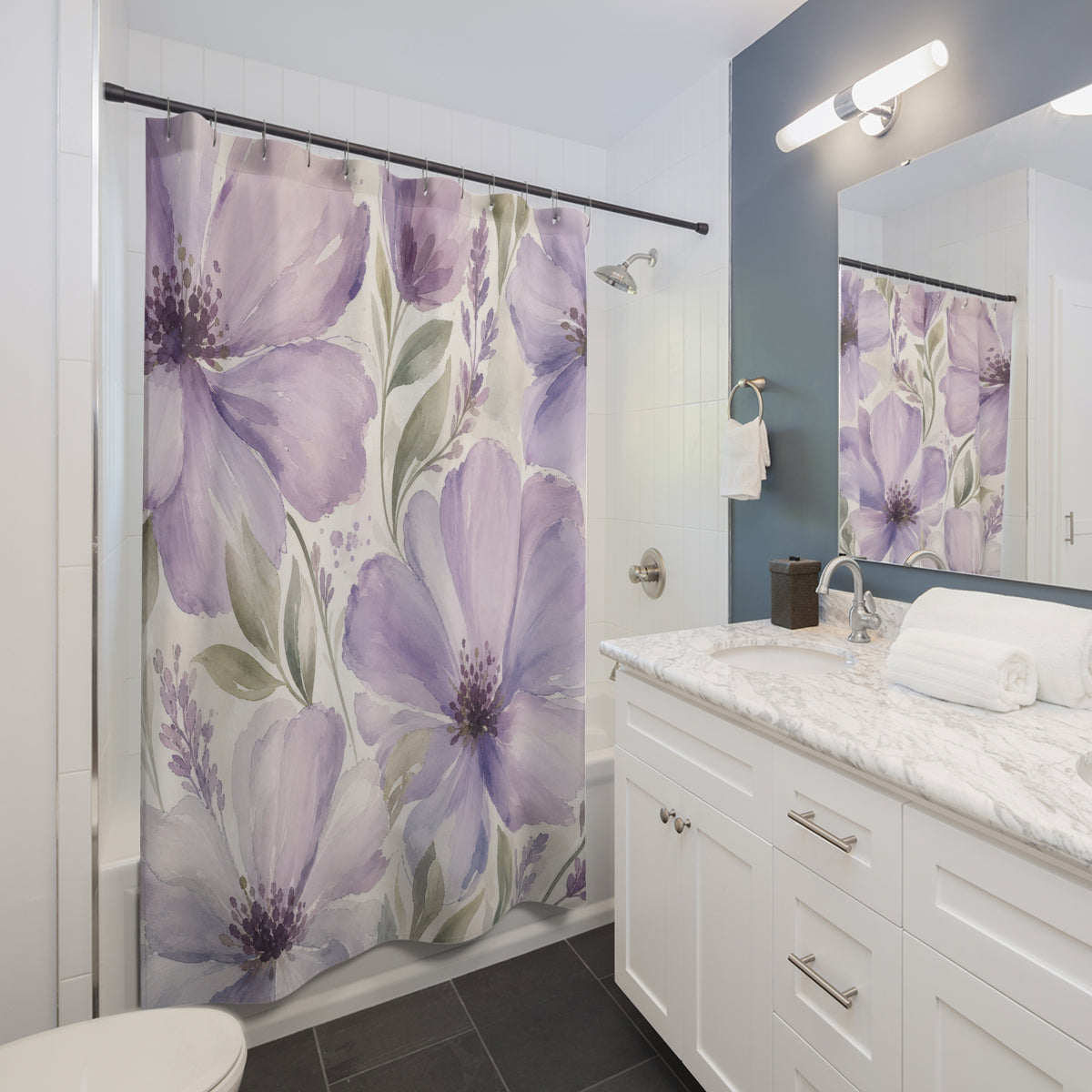 Lavender Modern Flower purple floral shower curtain beside a white vanity