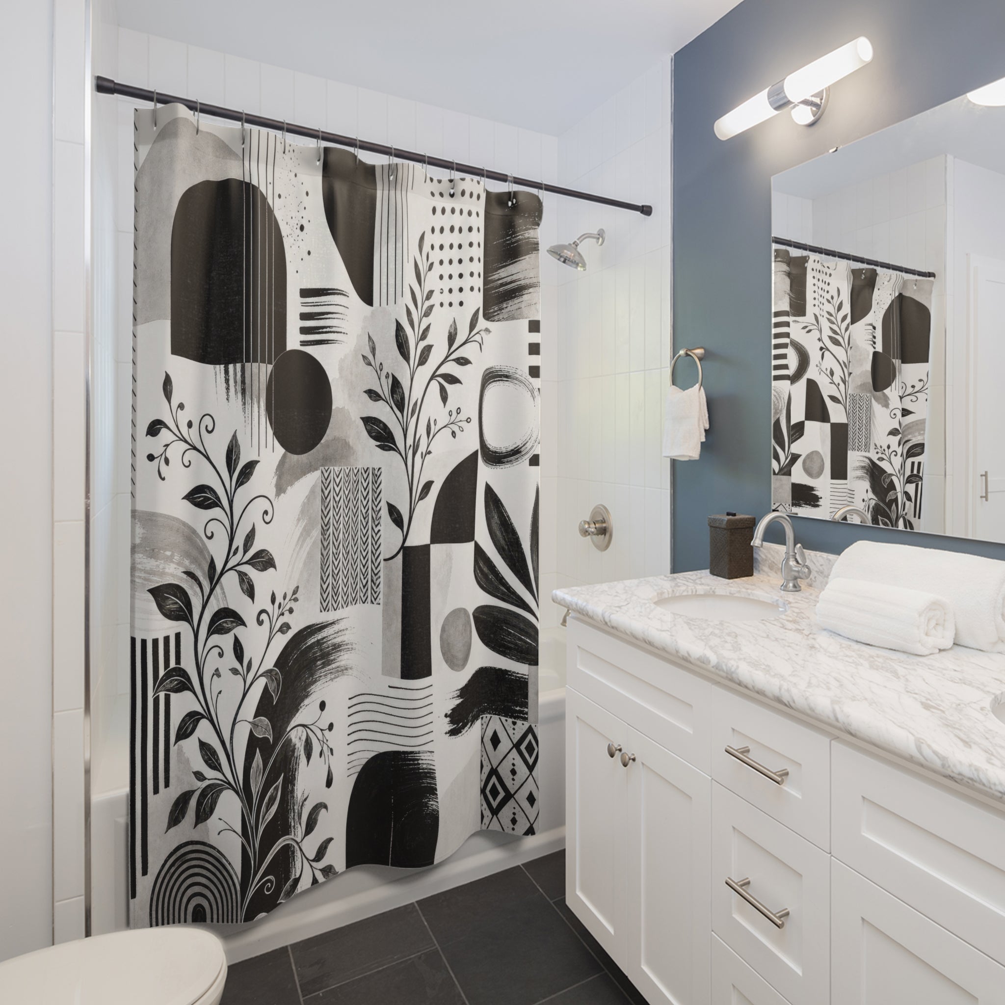 Black White Geometric Floral Shower Curtain